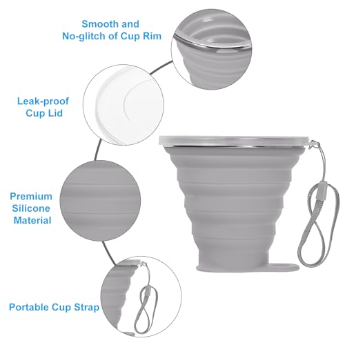 PATIKIL Collapsible Travel Cup, 2 Pack 270mL Travel Folding Cup with Lid Silicone Portable Drinking Cup for Traveling Camping, Gray - color: Gray