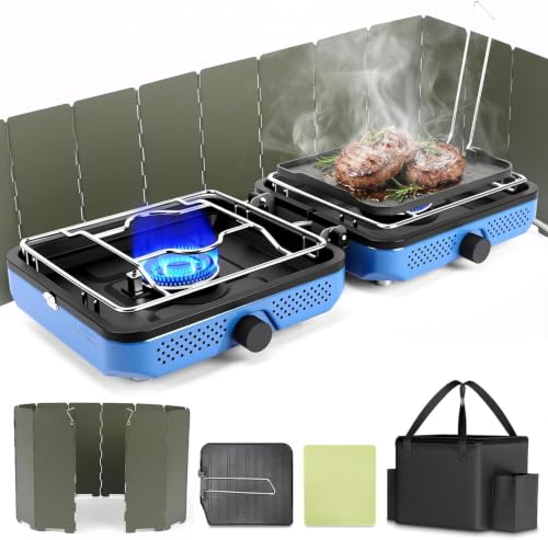 Hisencn 2 Burners Camping Stove with Windscreen for Camping,RV Essentials - color: light Blue