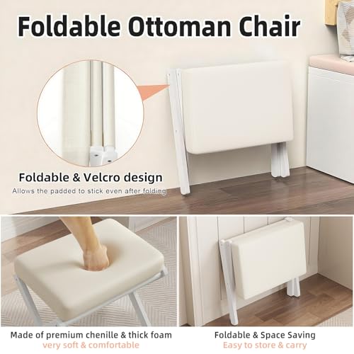 BAMBOOHOMIE Foldable Foot Stool Ottoman, Modern Foot Rest with Bamboo X Legs & Thick Foam Cushion, Folding Foot Stools Small Padded for Bedroom Living Room, Footstool for Chair Couch (White - White) - color: White - White