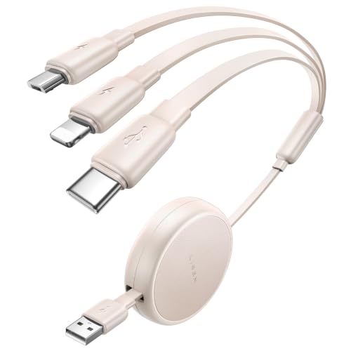 LISEN Multi Charging Cable, 3 in 1 Retractable Charging Cable, Retractable Car Charger with Type C/L/Micro USB Ports for iPhone 17 16 15 14 Pro/Samsung Galaxy S25/Kindle, Car Accessories, Off-White - color: Off-White, size: 3.7FT