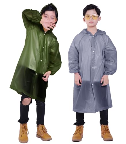 Kids Rain Jacket, 2 Pack Rain Ponchos for Kids - Reusable Raincoats for Boys and Girls Waterproof Outdoor Rain Gear - color: N: Olive + Gray