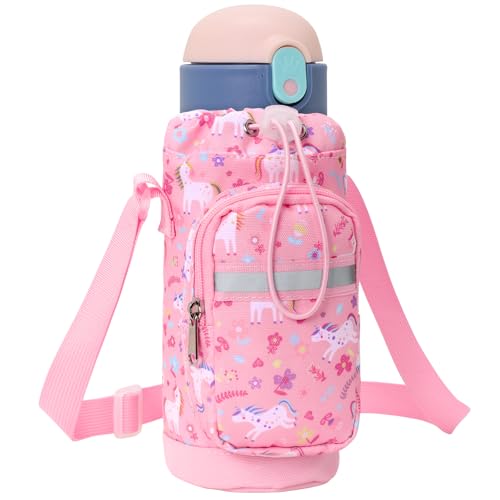 Water Bottle Holder for Kids - Water Bottle Carrier with Strap - color: 1-Pink Unicorn