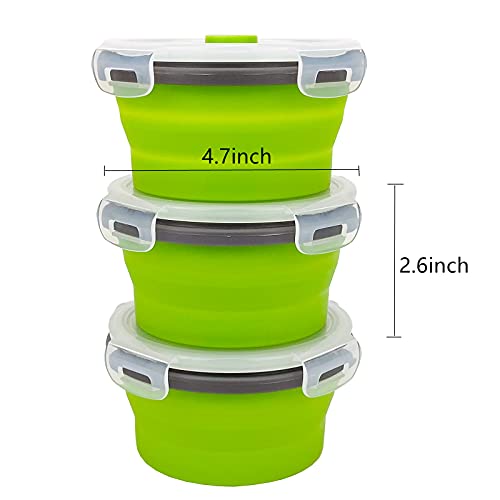 CCyanzi 3piece Round Collapsible Bowl with Lids, Silicone Food Storage Containers, Microwave & Freezer Safe, Space Saving for Kitchen Cabinet and Camping Backpack,(Green Gray) - color: green with gray