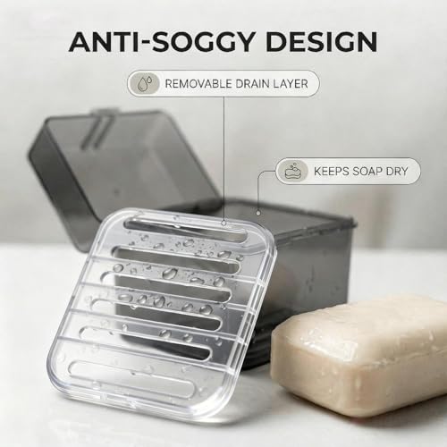 Travel Soap Container with Draining Layer, Square Soap Dish Bar Soap Holder for Shower with Lid Soapbox Bathroom Soap Dishes fit Dr Squatch Bars for Traveling Vonpri (Transparent Black Large) - color: Transparent Black Large