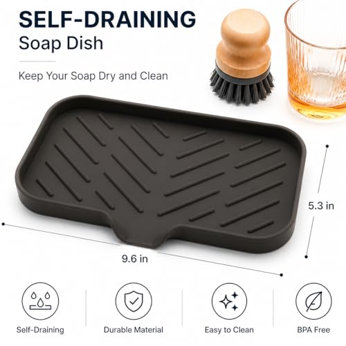MicoYang Silicone Soap Dish with Drain Spout — Self-Draining Sink Organizer Tray for Bathroom & Kitchen, Sponges, Dispensers & Soap Holder, Non-Slip & Dishwasher Safe, Coffee (Medium, 9.6"×5.3") - color: Coffee, size: M(9.6"×5.3")