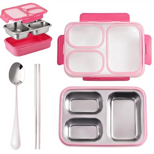 Stainless steel Lunch Box, 3-Compartment Metal Bento Box with Locking Lid, 25oz 304 Food-Grade Meal Prep Container for Work Lunch, Office Commute, Outdoor Picnic - color: Pink