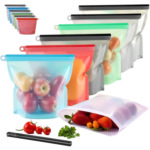 Performore Reusable Silicone Food Storage Bags 6 Pack | 9.5" x 8.5" x 2" | Leakproof, Freezer & Microwave Safe | Eco-Friendly, BPA-Free, Dishwasher Safe | Ideal for Meal Prep, Snacks, and Sous Vide