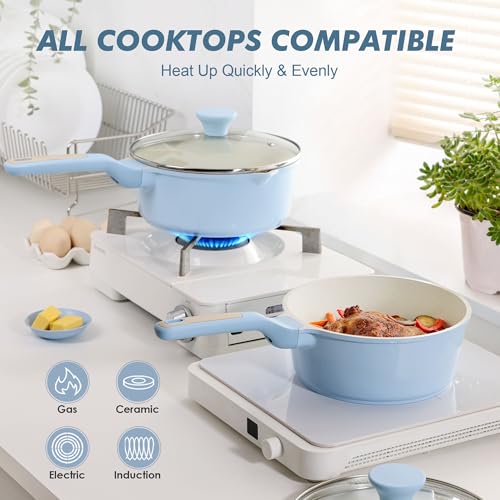 SENSARTE Ceramic Nonstick Saucepan with Double Pouring Spout, 3QT, Blue | Cooking Pot with Stay Cool Handle, Induction Compatible, Ceramic Coating, PFOA/PFAS/PTFE Free - color: Glacier Blue, size: 3.0 Quarts