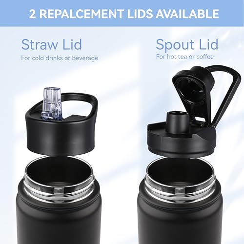 HASLE OUTFITTERS Insulated Water Bottle 22 oz Double Wall Stainless Steel Water Bottle Wide Mouth with Straw Lid & Spout Lid Keeps Cold or Hot(Black,4) - color: Black, size: 22oz- 4 Pack