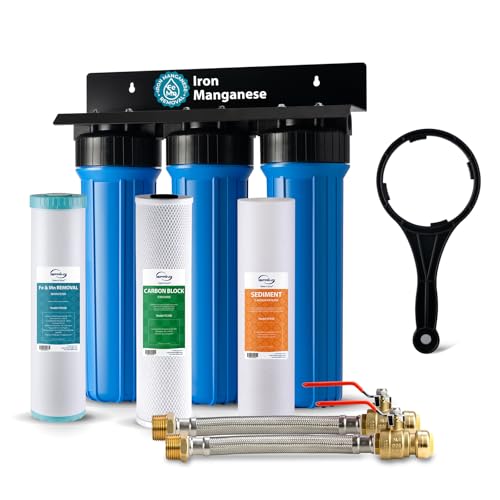 iSpring WGB32BM+AHPF12MNPT16X2 3-Stage Whole House Water Filter System, Reduces Iron & Manganese, Chlorine, Sediment Home Water Filtration System w/ 3/4'' Braided Stainless Steel Hose Connectors - style: Iron & Manganese Removal