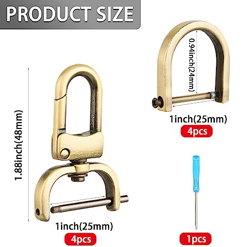 4pcs Detachable Snap Hook Swivel Clasp with 4pcs D-Rings Screw in Shackle for DIY Purse Strap Replacement (Brass,1 inch) - color: Brass, size: 1 inch