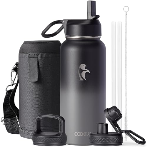 Coolflask 32 oz Water Bottle Insulated with Straw & 3 Leakproof Lids | Water Flask Stainless Steel Triple-Wall Vacuum,Cold 48+h, Dishwasher Safe,Wide Mouth,BPA-Free,Carrier Bag,for Gym,Hiking - color: Piano Night, size: 32 Ounces