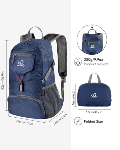 WATERFLY Small Lightweight Packable Backpack: 20l Hiking Daypack Man Woman | 20L,Recycled nylon material,Multi-compartment storage,Water-resistant,Everyday carry,Ultra Light Foldable Travel Day Pack - color: Dark Blue