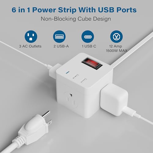 Outdoor Power Strip Cube 6 Ft, IPX4 Waterproof 3 AC Outlet Widely Spaced with 2 USB-A & 1 USB-C PD 20W Charging Station, Low Profile 45 Degree Flat Plug Extension Cord Wall Mountable, ETL-White - size: 6FT