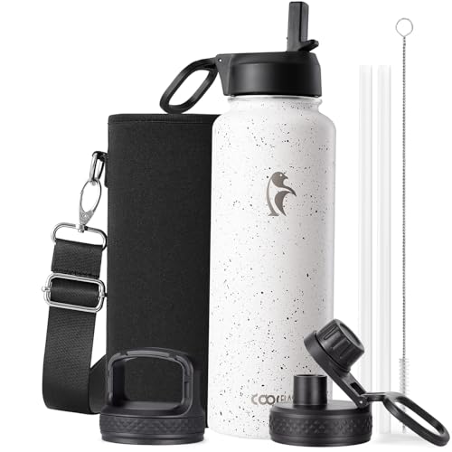 Coolflask 40 oz Water Bottle Insulated with Straw & 3 Leakproof Lids | Water Flask Stainless Steel Triple-Wall Vacuum,Cold 48+h,Dishwasher Safe,Wide Mouth, BPA-Free,Carrier Bag,for Gym,Hiking - color: Arctic White, size: 40 Ounces