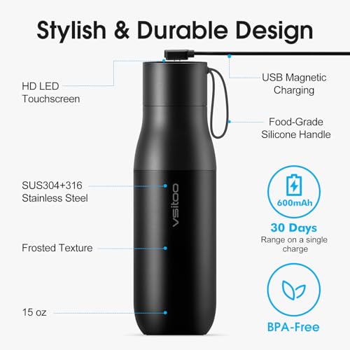 VSITOO S1 Pro 15oz Insulated Stainless Steel Self-Cleaning Water Bottle | Mini 15oz Insulated Bottle With Auto Self-Cleaning, App or Touchscreen Control, Temp Display, 30-Day Battery & 24H Cold - color: Black, size: 15 Ounces