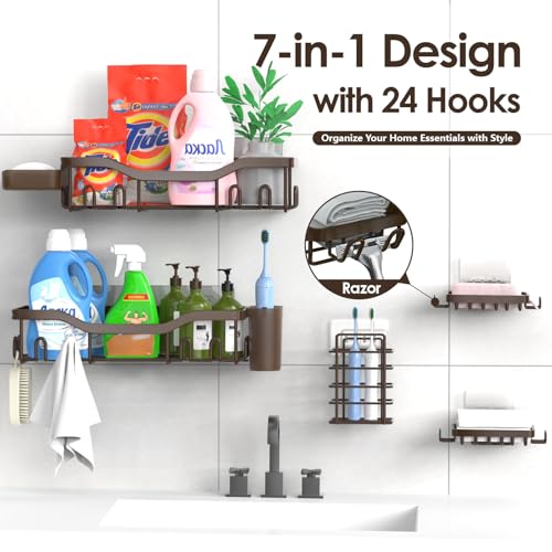NESOMI Shower Caddy Adhesive Shower Organizer 7-Pack, Rustproof Stainless Steel Bathroom Shelves, Large Capacity No-Drill Rack Storage Accessories with Soap Dish Toothbrush Holder Hooks - color: Brown, size: 7-Piece Set