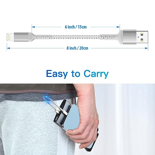 6 Inch iPhone Charging Cable, 3 Pack Braided Short iPhone Charger Cord [MFi Ceritified] Compatible with Apple iPhone 14 13 12 11 Pro Max/Mini XS XR X 8 7 Plus SE2 iPad, Short Lightning Cable - color: Silver, size: 0.5 feet