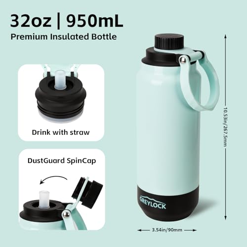 GREYLOCK 32 oz Insulated Water Bottle with Straw Lid, Leakproof Reusable Stainless Steel Vacuum Flask, 24hr Cold & Hot, Carry Handle & Silicone Spout, BPA-Free for Gym, Hiking, Travel,Teal - color: Emerald Lake, size: 32 Ounces