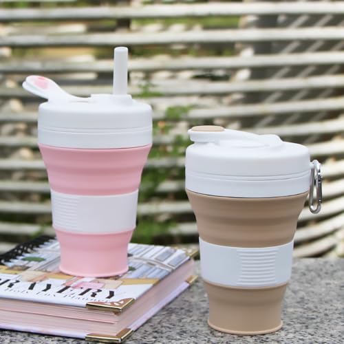 Silicone Coffee Cup with Straw lid Collapsible Cups for Traveling 20oz Lightweight Folding Water Mug for Picnic Hicking Camping Climbing - color: Khaki