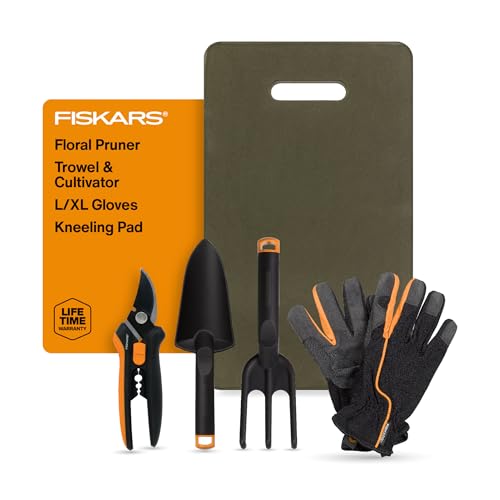 Fiskars 5-Piece Flower Gardening Essentials Set, Floral Pruner, Trowel, Cultivator, Gloves & Kneeling Cushion, Easy Action Bypass Blade with Wire Cutter & Stem Stripper, Lightweight Rustproof - style: Floral Tool Gift Set