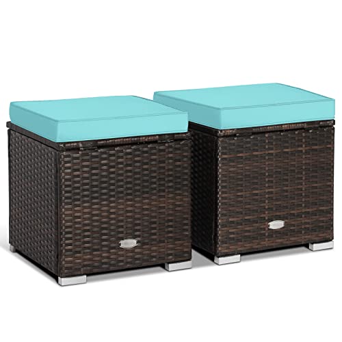 HAPPYGRILL 2PCS Patio Ottoman Set Outdoor Wicker Stool with Storage, Rattan Footrest Ottoman with Solid Metal Frame and Cushion for Backyard Poolside Garden Balcony - color: Turquoise