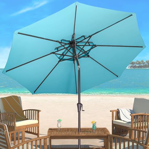 Patio Umbrella Outdoor with Tilt, 2 Tiers, 9 ft Aqua Blue - color: Aqua Blue