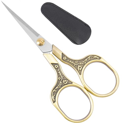 Needlepoint Scissors with Leather Sheath, 5" Vintage Antique Bronze Small Embroidery Scissors, Sharp Sewing Snips for Fabric, Yarn, Thread & Daily Crafting, Aesthetic Metal Craft Scissors - color: Bronze