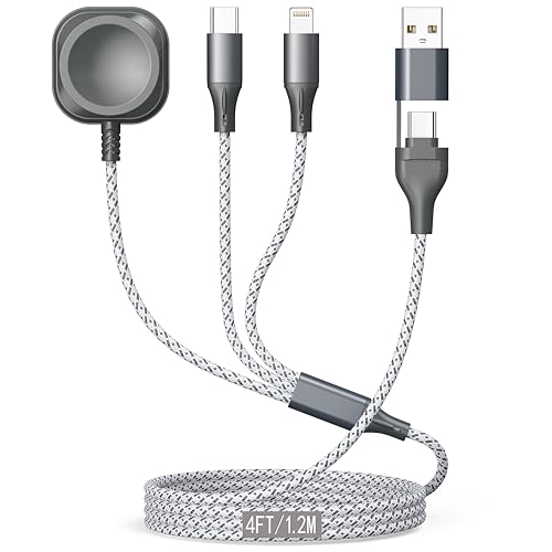 3 in 1 Multi Charging Cable for Apple Watch Charger Fast Charging Cable 4FT | Travel Charging Cords for Multiple Devices with iwatch USB-C Lightining Braided for iWatch Ultra/SE/11-2 iPhone17-5 Kindle - color: GreyWhite-4ft