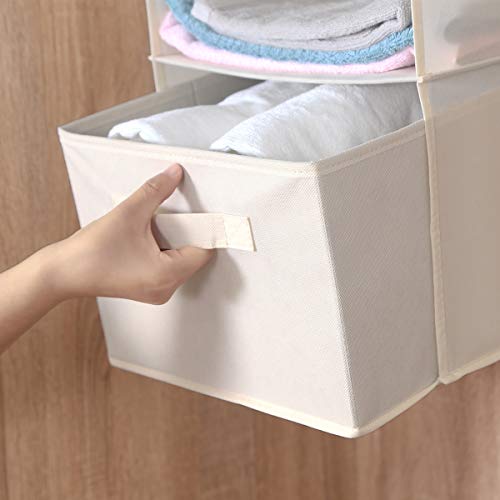 MAX Houser 4-Shelf Hanging Closet Organizer, Space Saver, Cloth Hanging Shelves with 2 Side Pockets, Foldable (Beige) | Foldable Fabric Hanging Shelves for Closet, Cloth Hanging Shelves with 2 sturdy hanging hooks, Small Space Saver - color: Beige-2