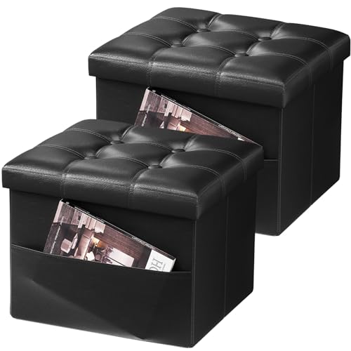 AmasSmile Ottoman with Storage,Folding Stool, 16" Leather,Black 2 Pack - color: Black 2 Pack., size: 16"*12"*12"with side pockets