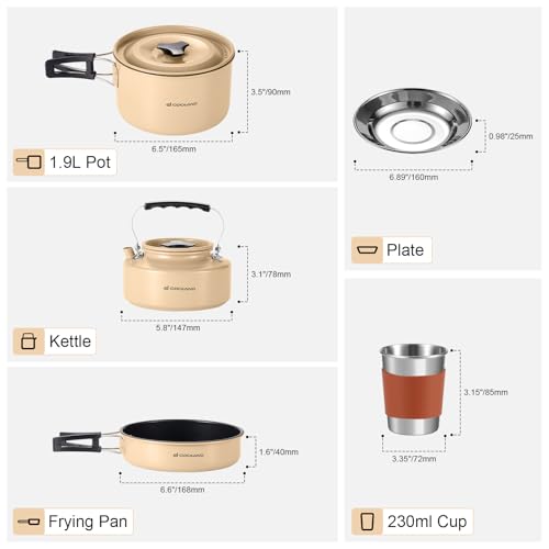 Odoland 15pcs Camping Cookware Mess Kit, Lightweight Pot Pan Kettle Set | Anodized aluminum, for hiking, outdoor cooking and picnic, 1.9L pot 0.8L kettle 0.86L pan mess kit, little compact pot set - style: Khaki