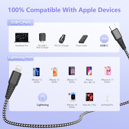 16FT/5M Extra Long USB C to Lightning Charger Cable for iPhone,Apple MFi Certified Charger Cord, Fast Charging Nylon Braided Sync Data Charge Cord for iPhone 14 Pro Max/14/13Pro/12/11/X/XS/XR/8/7/iPad - color: Brown