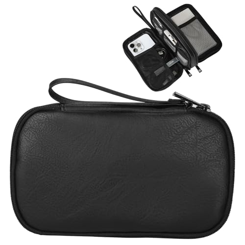 Travel Cable Organizer Bag, Electronic Accessories Leather Pouch, Portable Waterproof Double Layers All-in-One Storage Bag for Cord, Charger, Phone, Earphone (Black, Small)