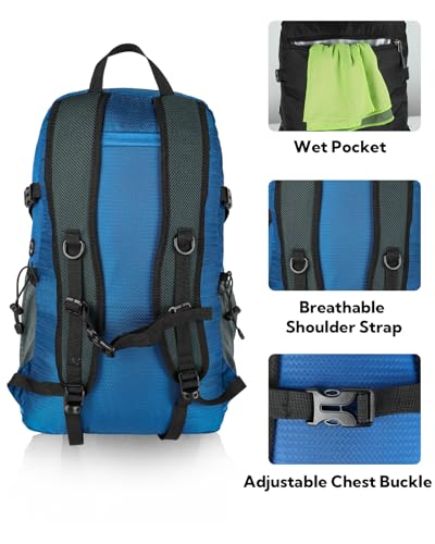 WATERFLY Lightweight Packable Hiking Backpack, 30L Day Pack | Foldable, Water Resistant Travel Daypack with Multiple Pockets, Wet Pocket, Ultralight Day Pack for Woman Man, Everyday Carry - color: Deep Blue