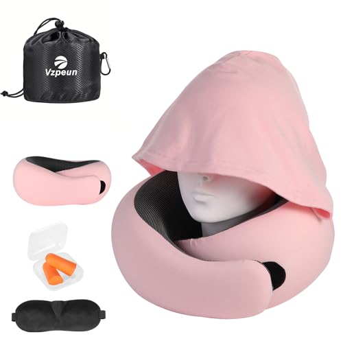 Travel Pillow - Hooded Neck Pillow Airplane Memory Foam Filling | for Plane, Office, Cars Sleeping, Road Trip, Long Flights Essentials, Includes Eye Mask & Earplugs (Pink) - color: Pink