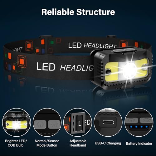MIOISY Headlamp Rechargeable, Ultra Bright LED Head Lamp Flashlight 2 Pack | White Red Light, Motion Sensor, Waterproof, 8 Modes Headlight for Camping Fishing Running - size: 2 Packs