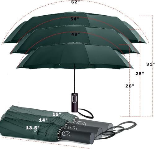 MRTLLOA Compact Golf Umbrella, 10 Ribs Vented Windproof Travel | 49/54/62 Inch Large Oversize, Double Canopy, Quick-Dry Fabric, Lightweight, Umbrellas for Rain - color: Green, size: 54 Inch