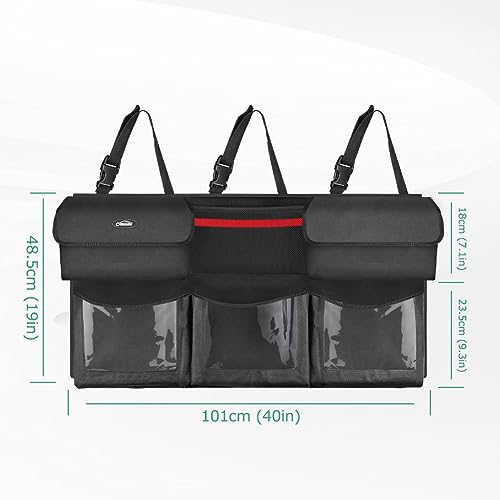 Oasser Trunk Organizer for Car, 6 Storage Compartments 40x19inch | Clear PVC Pockets, 600D Oxford Cloth, Strong & Never Sag, 3 Adjustable Straps, 4 Hook Loop Non-Slip Backing, for SUV MPV VAN - size: Regular-40x19in