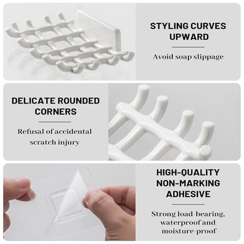 Shower Soap Holder for Wall, Adhesive Bar Soap Dish with Self Draining Grid, Side Hooks and No Drilling Mount, White, 2 Pack - color: White
