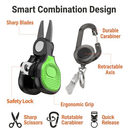 2 Pack Mini Fishing Scissors & Gentle-Return Keychain, Fish Line Cutters | Upgrade with Smooth Lock, Braided Fluorocarbon Line Cutter, Compact Stainless Steel Snips Clippers Rust-Resistant