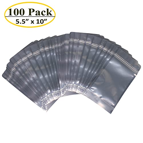 100 Pack 5.5 x 10 Inch Stand Up Pouch Bags Zipper Mylar Bags Clear Front with Aluminum Foil Back Reusable Food Storage Bag for Multipurpose with Gusset Bottom(5.5mil Thickness) | Clear Front with Aluminum Foil Back Reusable Food Storage Bag for Multipurpo