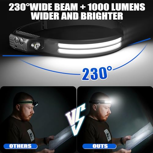 Rechargeable Headlamps 12 Pack, LED Headlight 230° Ultra Wide Beam, 6 Modes Waterproof Head Lamp, Hands-Free Forehead Light for Camping, Hiking, Running, Outdoor Gear