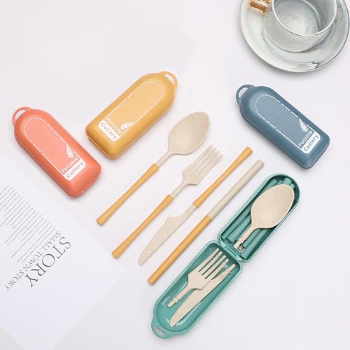4Pack Folding Cutlery Set with Case, Travel Foldable Collapsible Portable Wheat Spoon Fork Straw Utensil Tableware for Picnic Camping