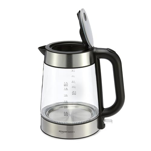 Amazon Basics Electric Kettle with Glass Carafe for Tea and Coffee, BPA-Free, Fast Boiling, Auto Shut-Off, Boil-Dry Protection, Water Level Indicator, 1.7 Liter, 1500W, Black and Silver - size: 1.8 Quarts, style: Glass Carafe