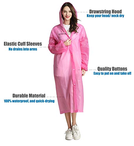 HLKZONE Raincoat, 2 Pack Rain Ponchos for Adults Travel Rain Jacket Packable Rain Coats for Women with Drawstring Hood - color: D-rose