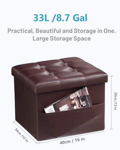 AmasSmile Ottoman with Storage,16" Folding Leather Foot Rest Chest,Brown - color: Brown 1 Pack., size: 16"*12"*12"with side pockets