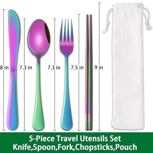 Rainbow Working Lunch Silveware Set,Reusable Travel Utensils Set With Case Includes Stainless Steel Chopsticks Knife Spoon And Fork,Camping Picnic Essentials - color: Rainbow