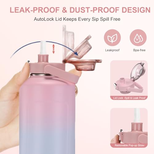 64oz Half Gallon Fruit Infuser Insulated Stainless Steel Water Bottle Jug, 48H Cold & 24H Hot, Large Capacity for Travel Hiking Mountain Climbing Pink-Blue Gradient - color: Pink-Blue Gradient