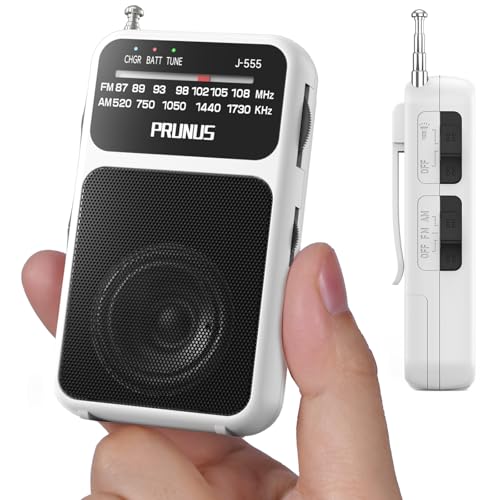 PRUNUS J-555 Pocket Radio AM FM USB-C Charging& Battery Operated, Back Clip - color: White